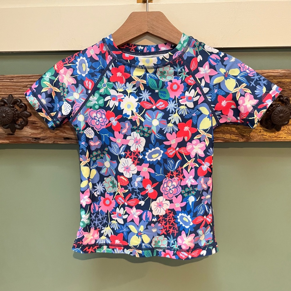 Tea Collection Kids Floral Rash Guard Short Sleeve‎ Swim Shirt Blue Pink Size 5